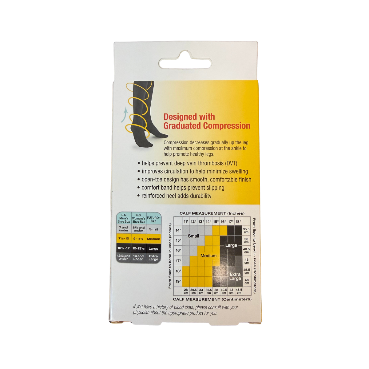 3M Futuro Open Toe Knee High Compression Stocking back of box showing graduated compression diagram, size chart, and product features