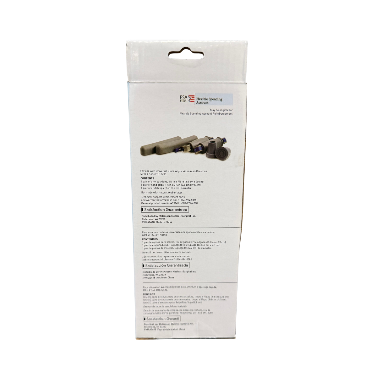 Back view of McKesson Crutch Accessory Kit packaging showing replacement crutch pads, hand grips, tips, and product information details.
