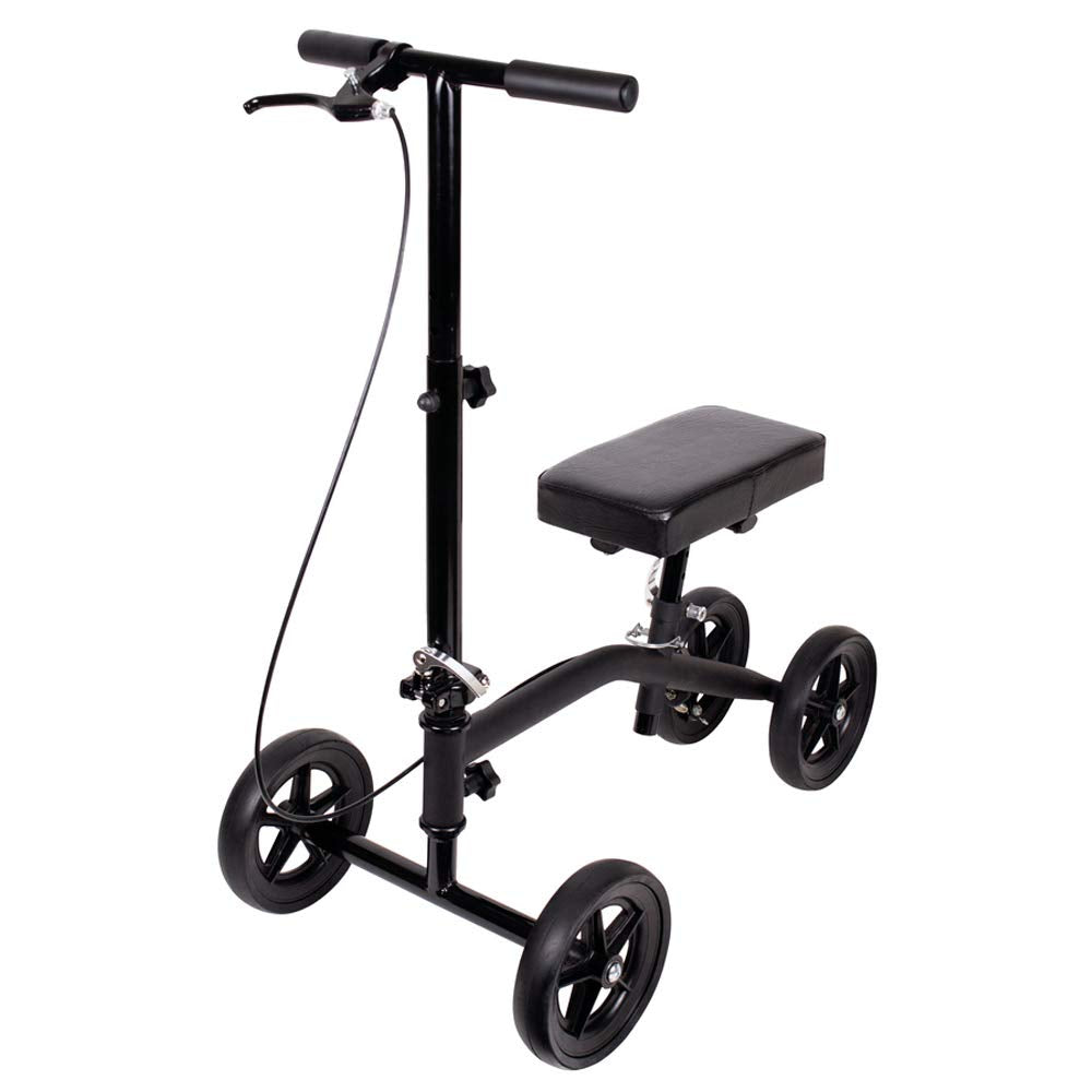 Carex Knee Scooter side angle view showing full frame, memory foam knee rest, hand brake cable, and 4-wheel base on white background