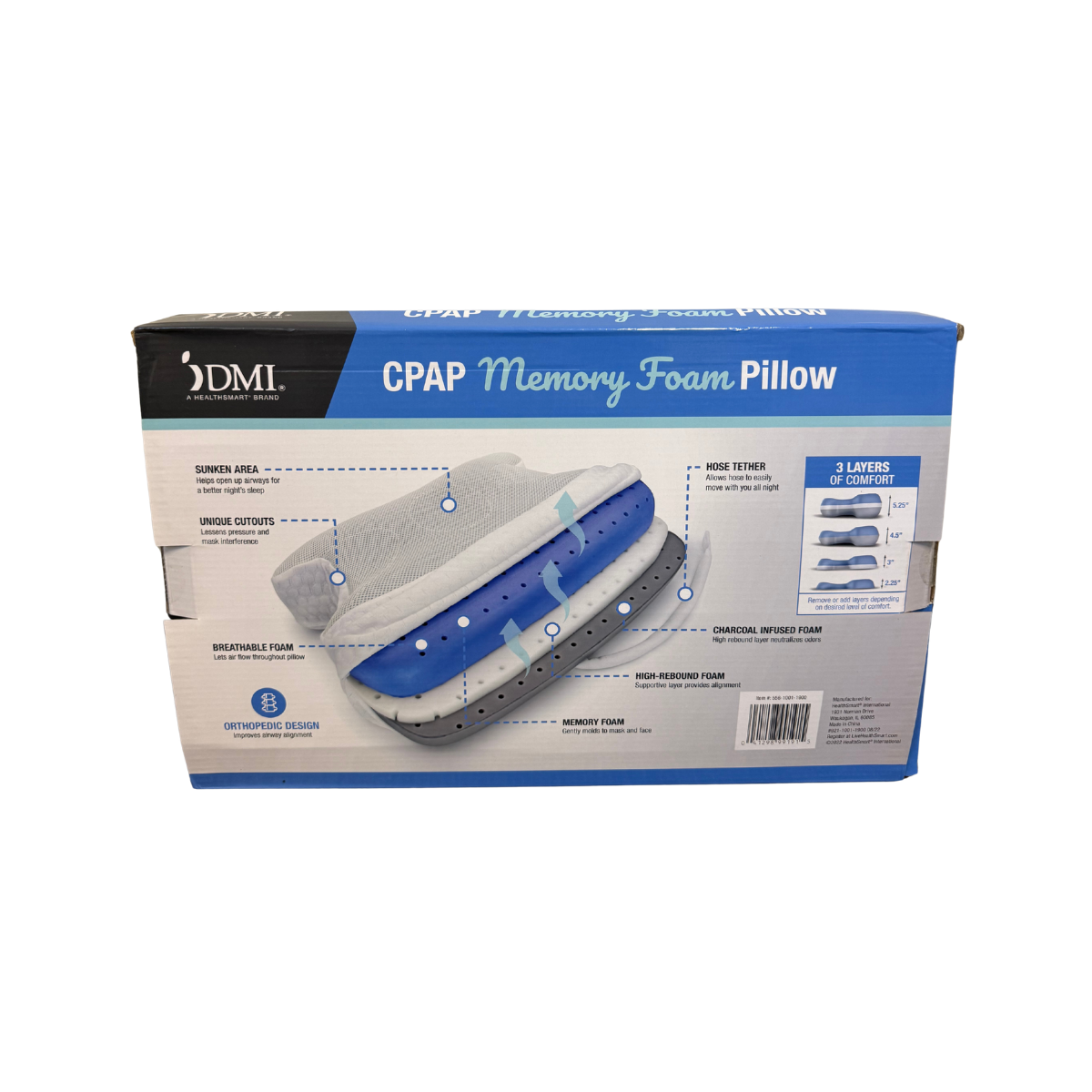 Side view of DMI CPAP Memory Foam Pillow box showing layered memory foam construction, ergonomic orthopedic design, breathable foam, and hose-friendly CPAP pillow features on a white background