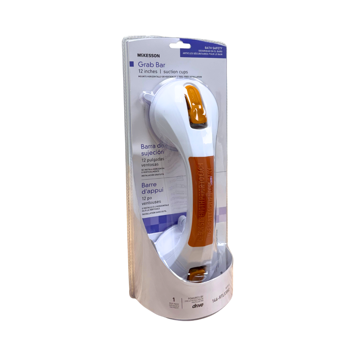 Angled view of McKesson 12-inch bathroom grab bar with suction cups in retail packaging.