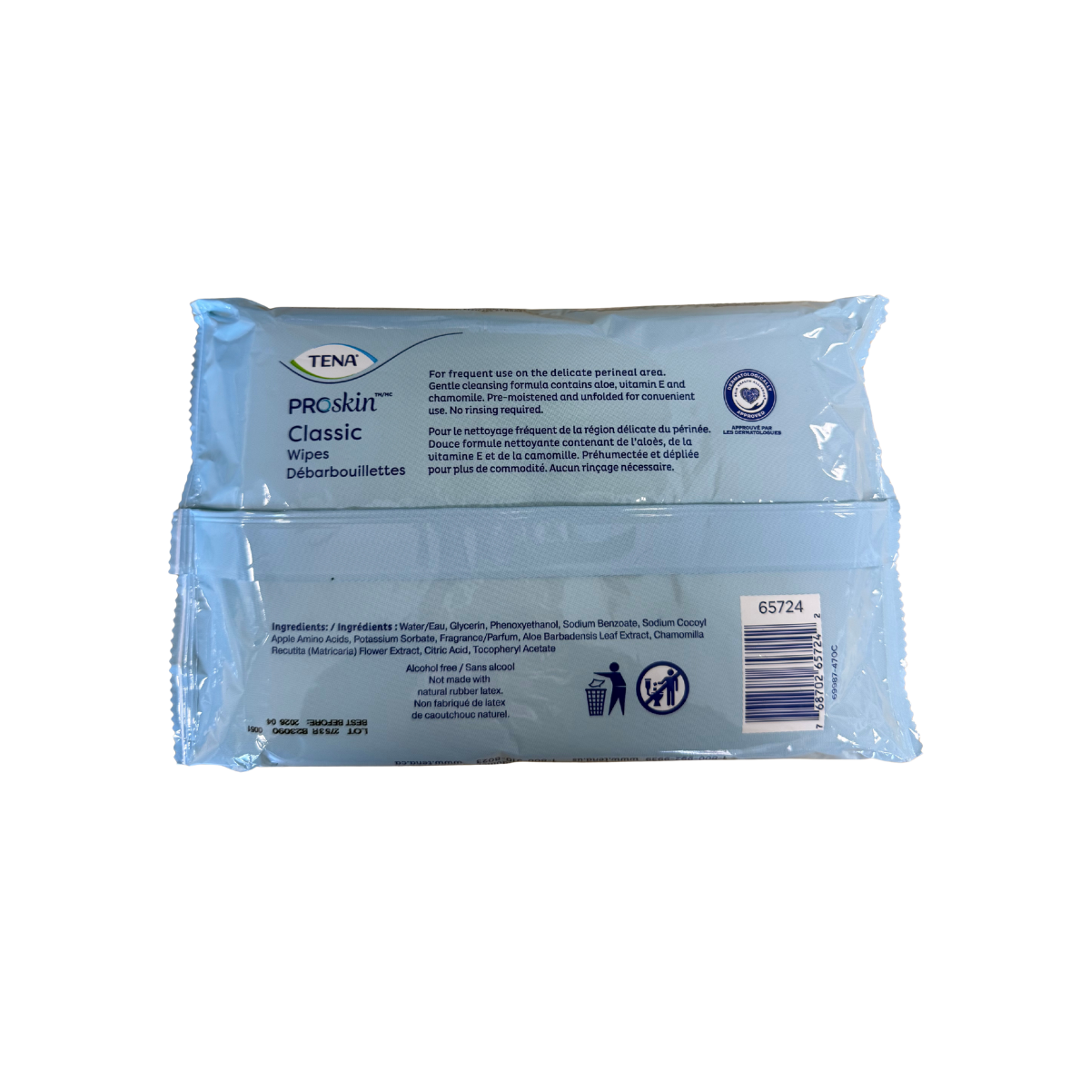Back view of TENA ProSkin Classic scented personal cleansing wipes soft pack with product information and directions.