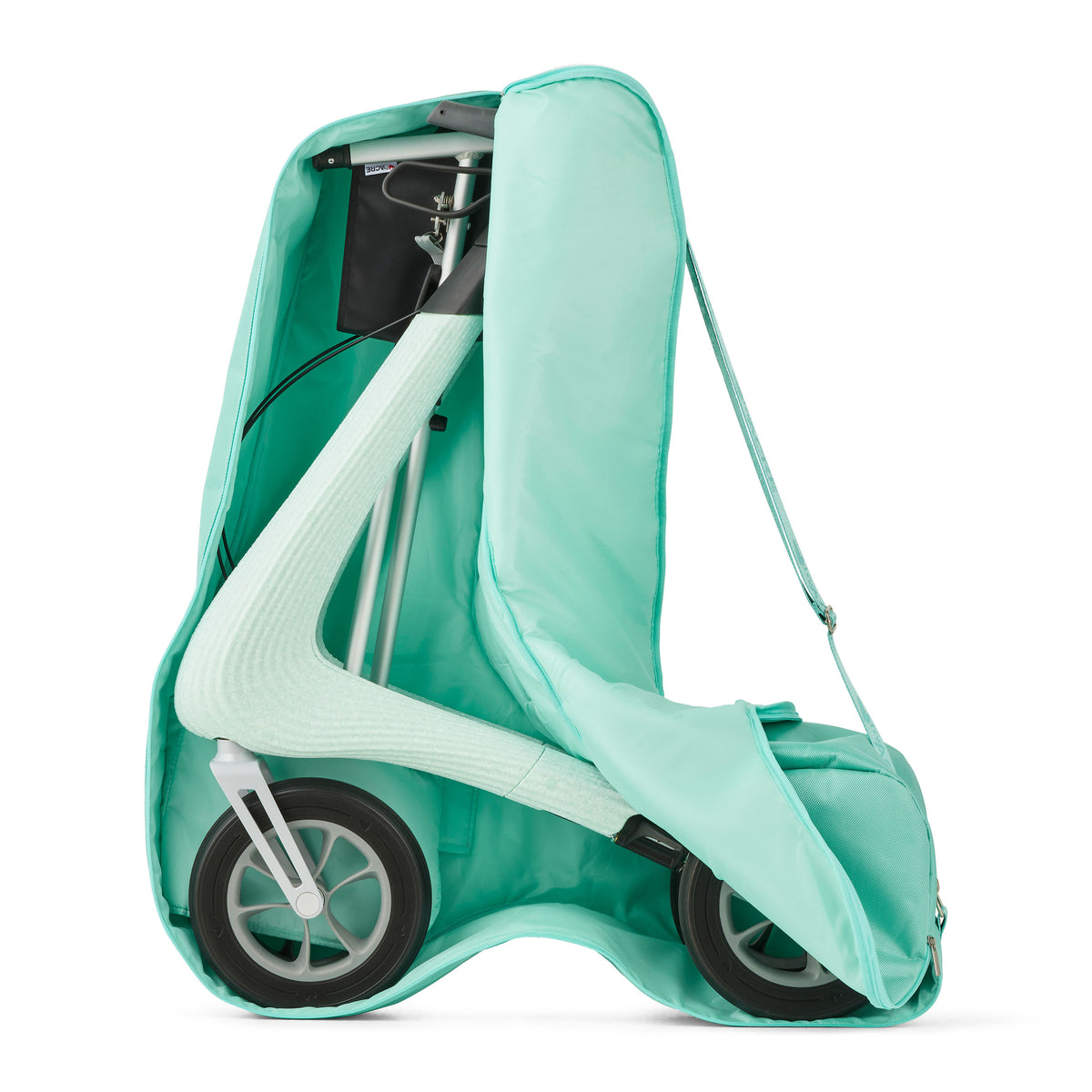 Green and white folding rollator in a carrying bag on a white background