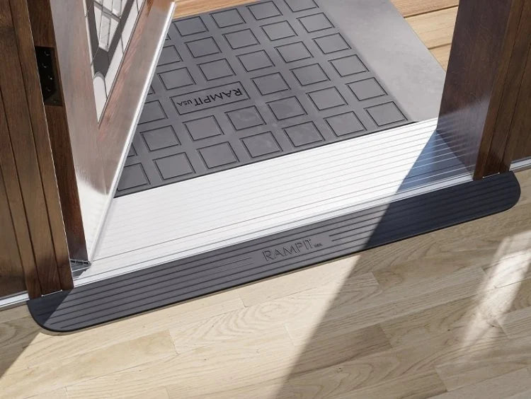 Rubber threshold ramps positioned on either side of a doorway