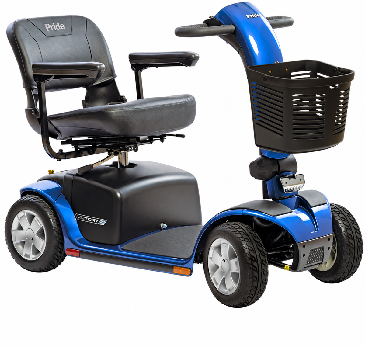 A blue and black Pride Zephyr mobility scooter shown from a three-quarter angle on a white background, featuring a black seat with the 'Pride' logo, a front storage basket, and four wheels.