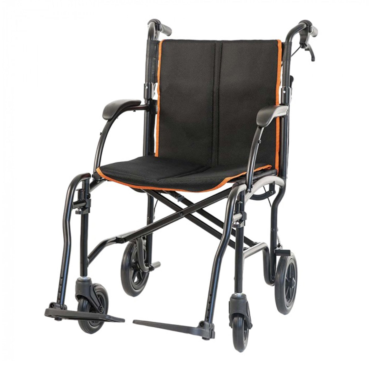 Feather Transport Chair in black with orange piping, showing full-length armrests, swingaway footrests, and 8.5-inch rear wheels