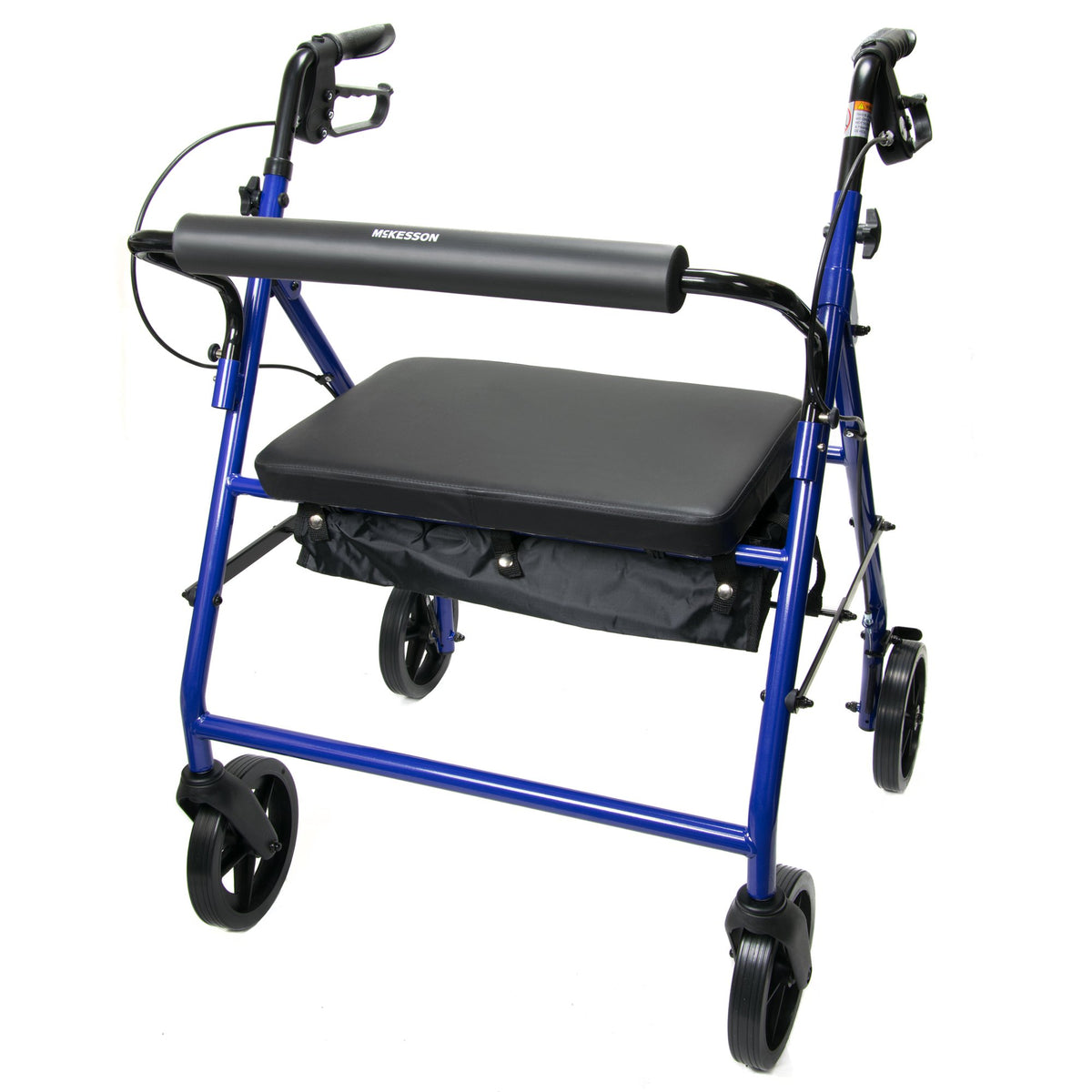 McKesson Bariatric Folding Four-Wheel Rollator in blue with black padded seat, backrest, vinyl storage pouch, and 8-inch swivel casters