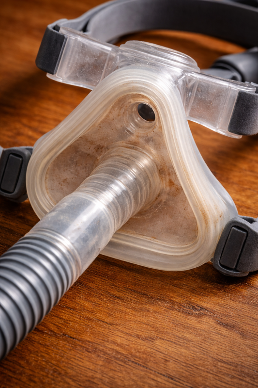 Image of a dirty CPAP Mask on a wood night stand
