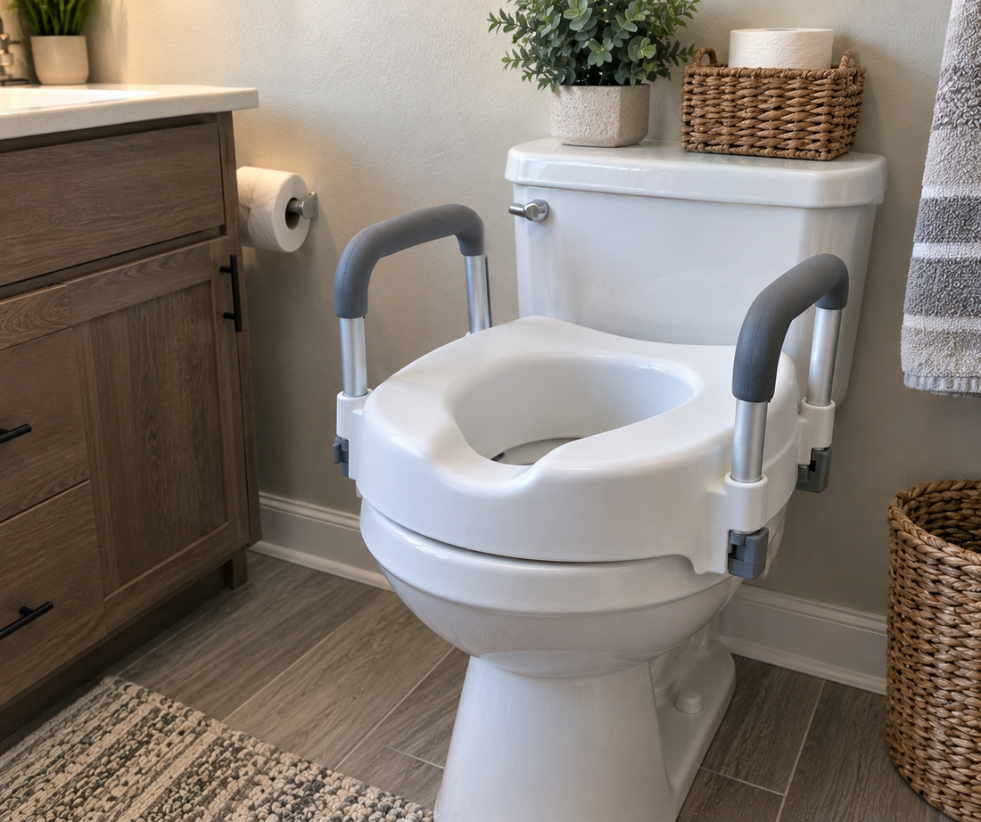 A raised toilet seat with handles on top of a toilet inside a home