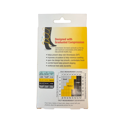 3M Futuro Open Toe Knee High Compression Stocking back of box showing graduated compression diagram, size chart, and product features