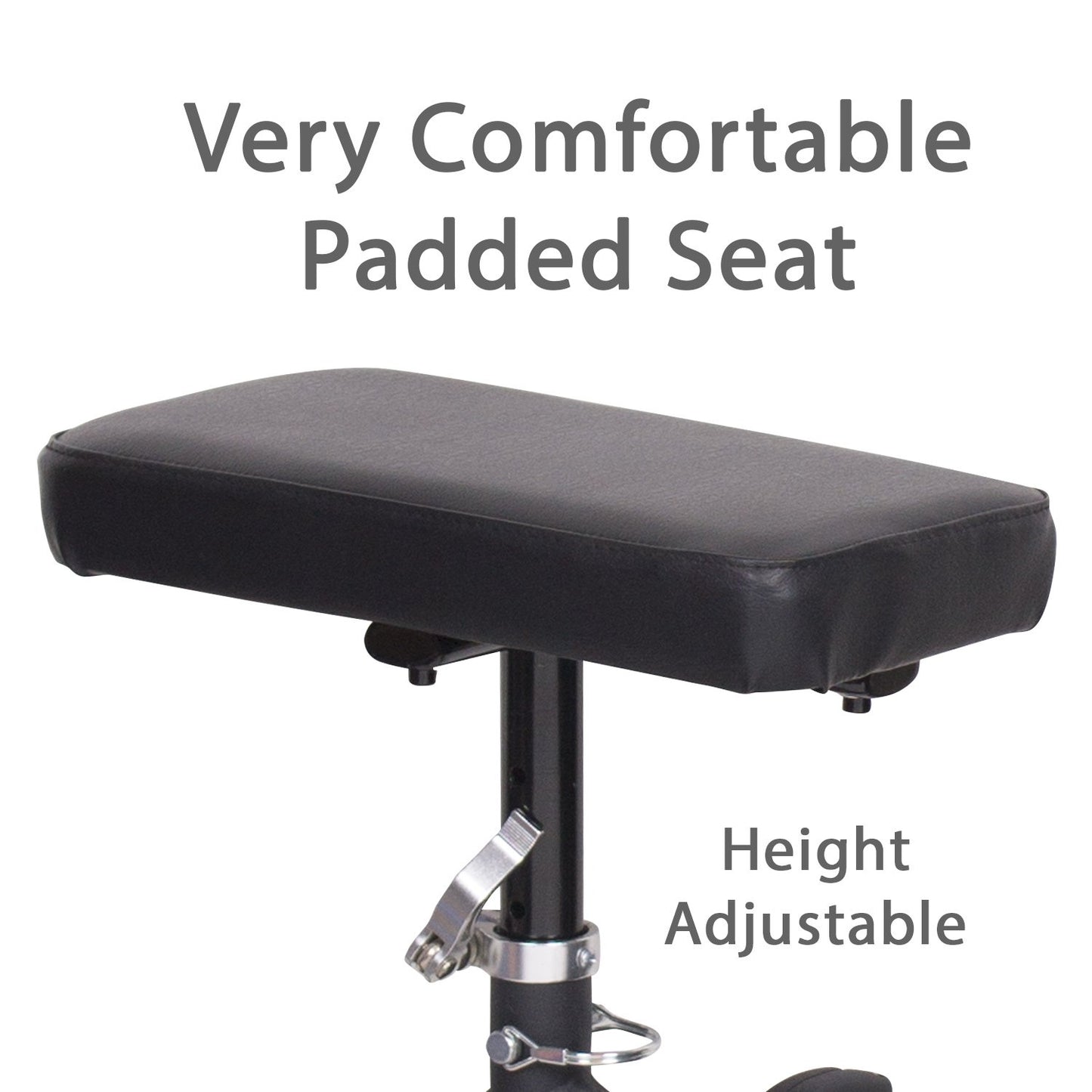 Black adjustable padded seat with text indicating comfort and adjustability on a white background