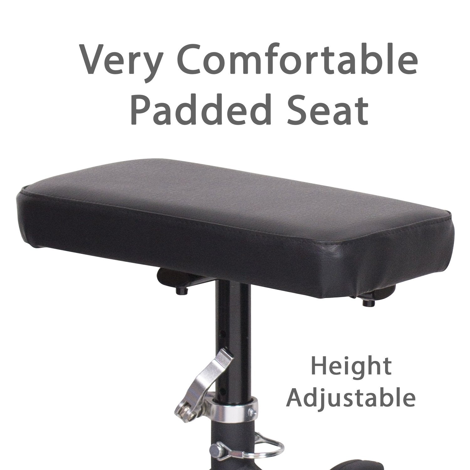 Black adjustable padded seat with text indicating comfort and adjustability on a white background