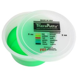 Green container of TheraPutty exercise material with label on a white background