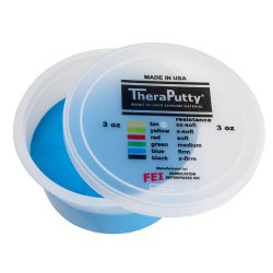 TheraPutty resistance band container with blue band inside on a white background