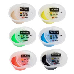 Set of six containers of TheraPutty in different colors on a white background