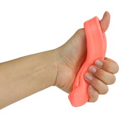 Hand holding a pink object against a white background