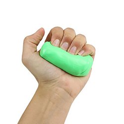 Hand holding a green stress ball against a white background