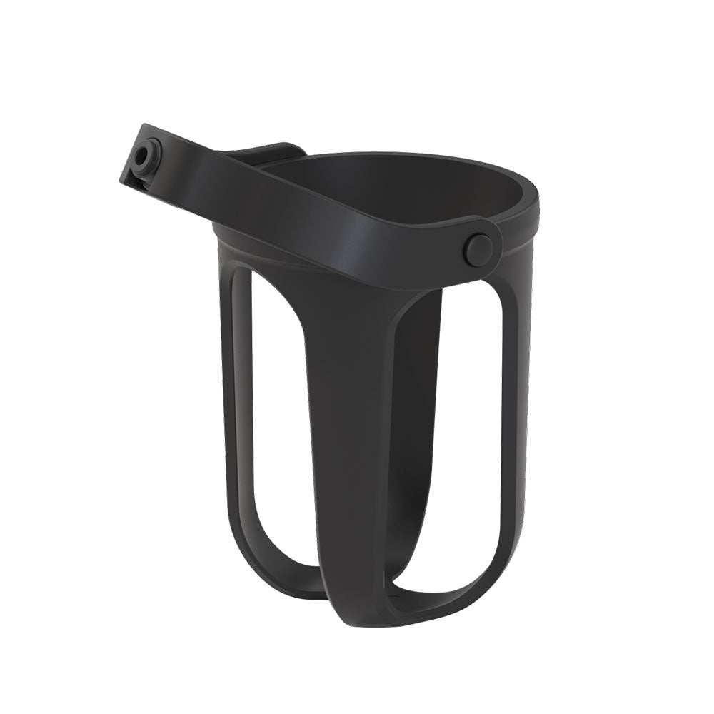 A matte black plastic cup holder or mount with a curved top arm and open side cutouts, shown on a plain white background.