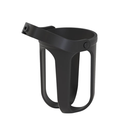 A matte black plastic cup holder or mount with a curved top arm and open side cutouts, shown on a plain white background.