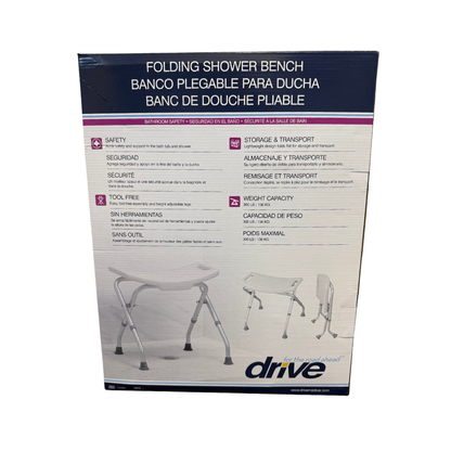 Back view of Drive folding shower bench packaging showing product features, specifications, and foldable bath safety seat illustrations.