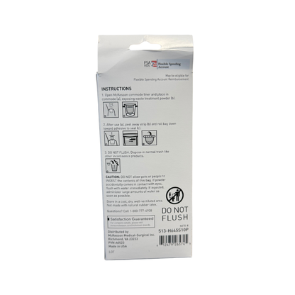 Back view of McKesson commode and bedpan liners packaging showing usage instructions, disposal information, and product details.
