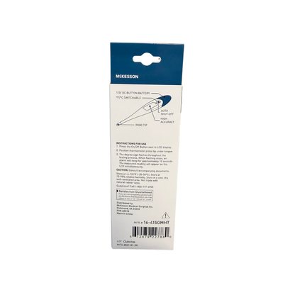 Back view of McKesson digital oral thermometer packaging showing instructions, product details, and usage information.