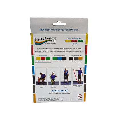 Back view of Sup-R Band PEP Pack exercise resistance band set packaging showing resistance levels, exercise examples, and product details.