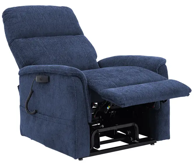 A blue textured fabric recliner chair with the footrest extended, shown against a plain white background. A small black control panel is attached to the side armrest with a coiled cord.