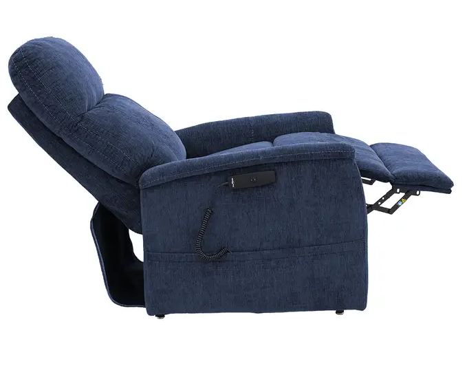 A navy blue fabric recliner chair with the footrest extended, shown from a side profile against a plain white background.