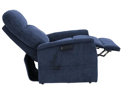A navy blue fabric recliner chair with the footrest extended, shown from a side profile against a plain white background.
