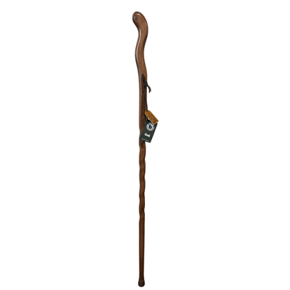 Brazos Twisted Oak Backpacker Walking Stick full view showing curved handle, natural twisted wood grain, and hang tag on white background
