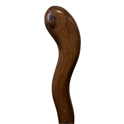 Brazos Twisted Oak Backpacker Walking Stick close-up of smooth curved wood handle showing natural grain and handcrafted finish on white background