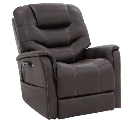A dark brown faux leather recliner chair with light tan contrast stitching, featuring a side control panel with a remote, shown against a plain white background.