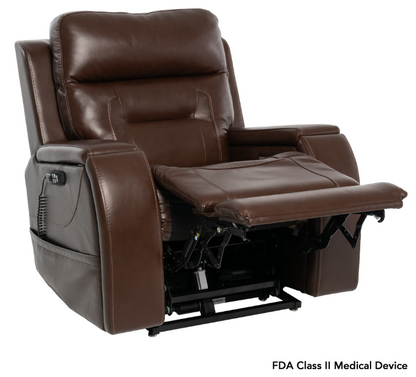 A brown leather recliner power chair with the footrest extended, shown on a white background with a small FDA Class II Medical Device text overlay in the bottom right corner.