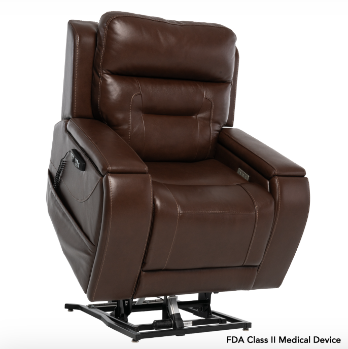 A dark brown leather power recliner medical chair on a black swivel base, shown against a white background with a text overlay at the bottom right.