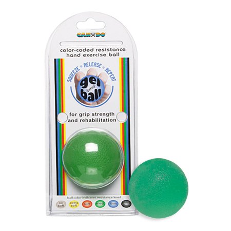 CanDo green squeeze ball for grip strength, hand therapy, and rehabilitation exercises.