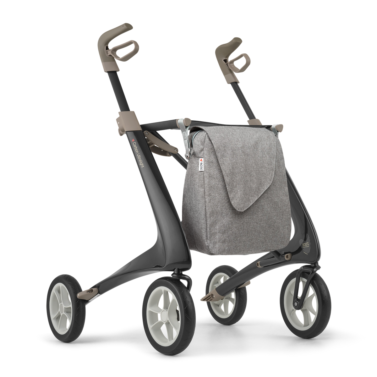 Rollator with travel bag on the front