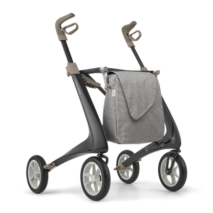 Rollator with travel bag on the front