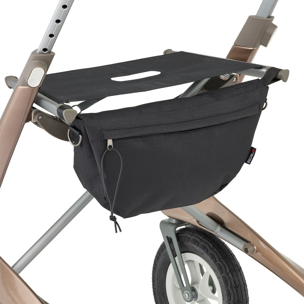 Black rollator organizer attached to a beige stroller on a white background