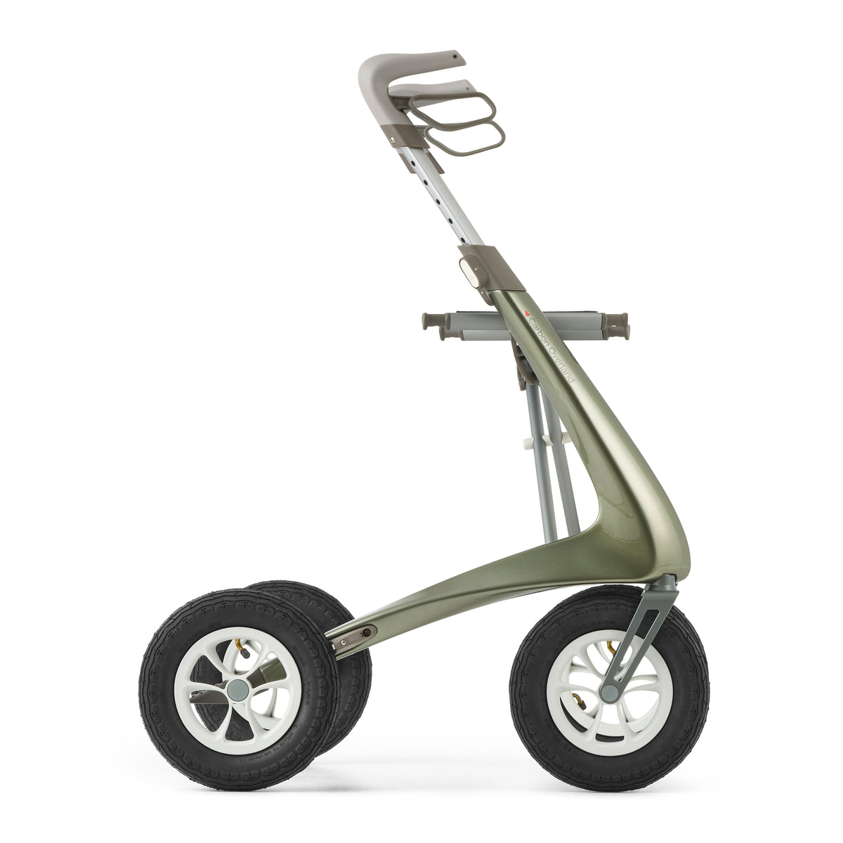 Green rollator with four wheels on a white background