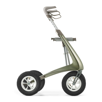 Green rollator with four wheels on a white background