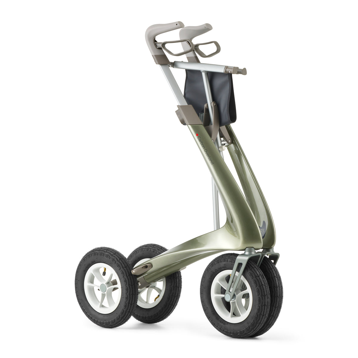 Green rollator with a basket on a white background