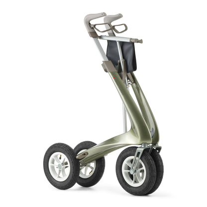 Green rollator with a basket on a white background
