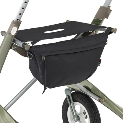 Black rollator organizer attached to a green stroller on a white background