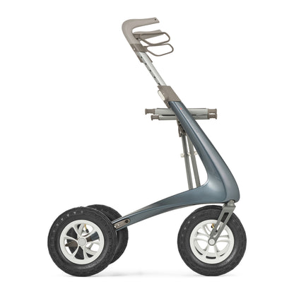 Gray rollator with four wheels on a white background