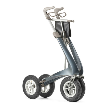 Gray rollator with four wheels on a white background
