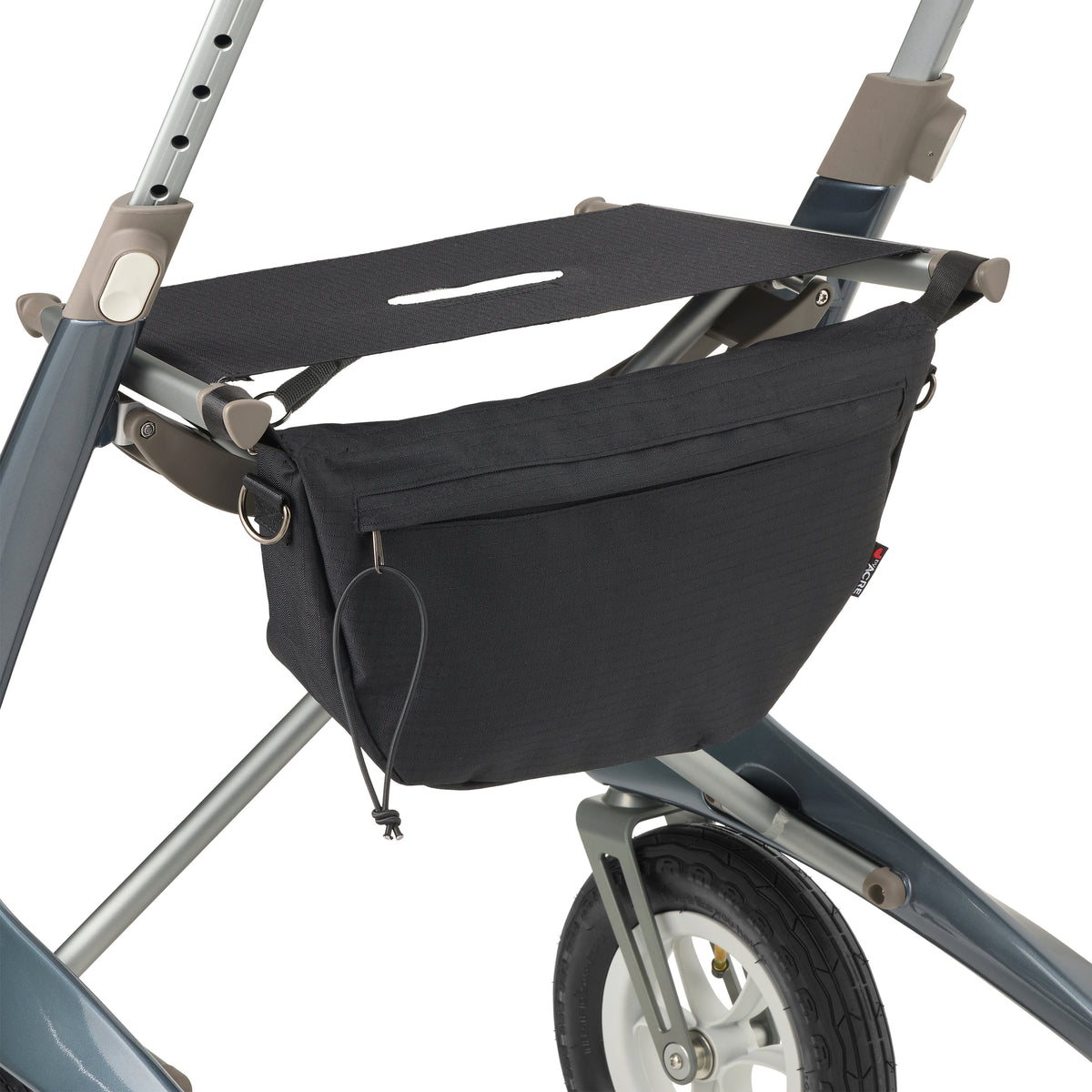Black rollator bag attached to a rollator on a white background
