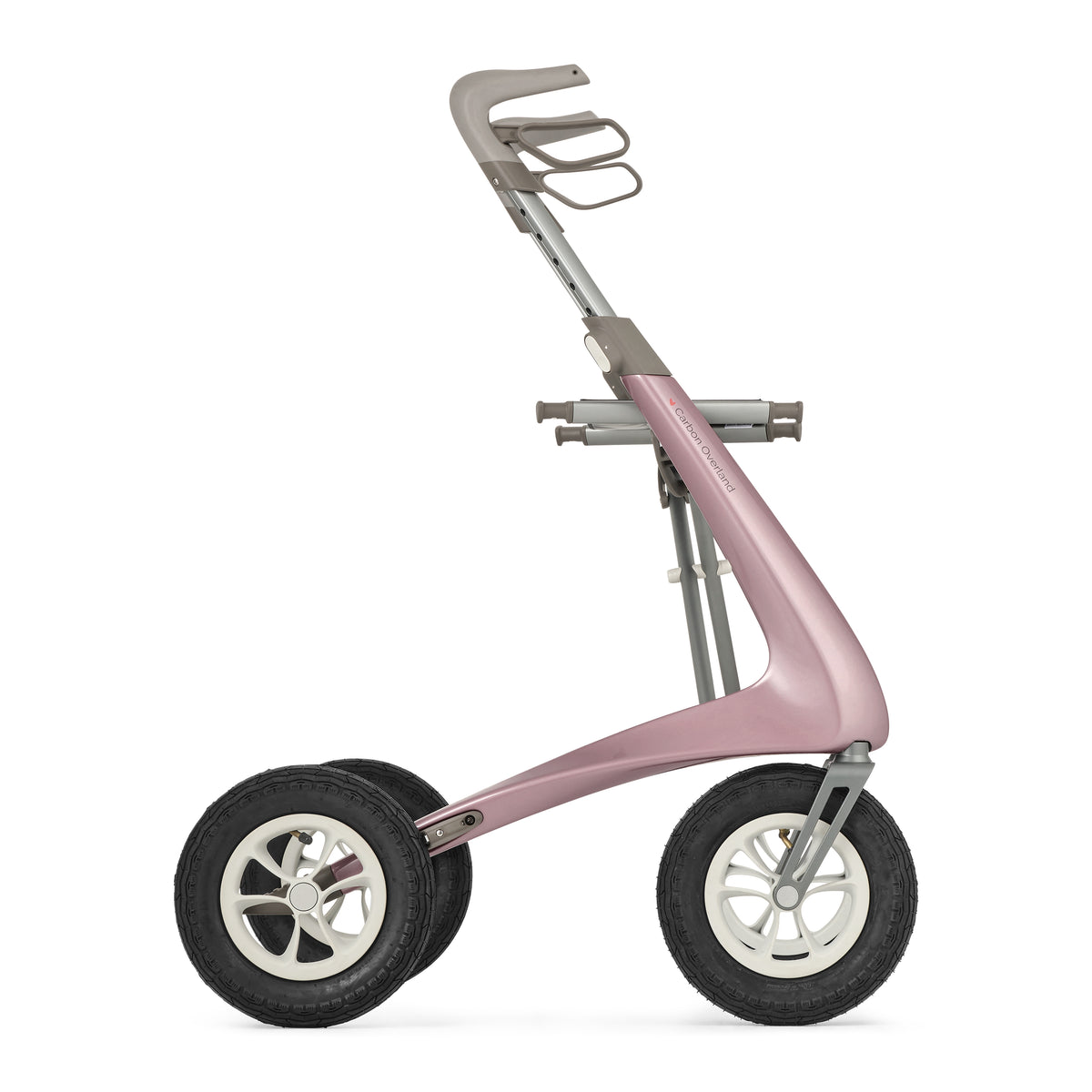 Pink and silver three-wheeled rollator on a white background