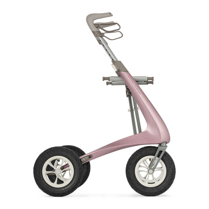 Pink and silver three-wheeled rollator on a white background