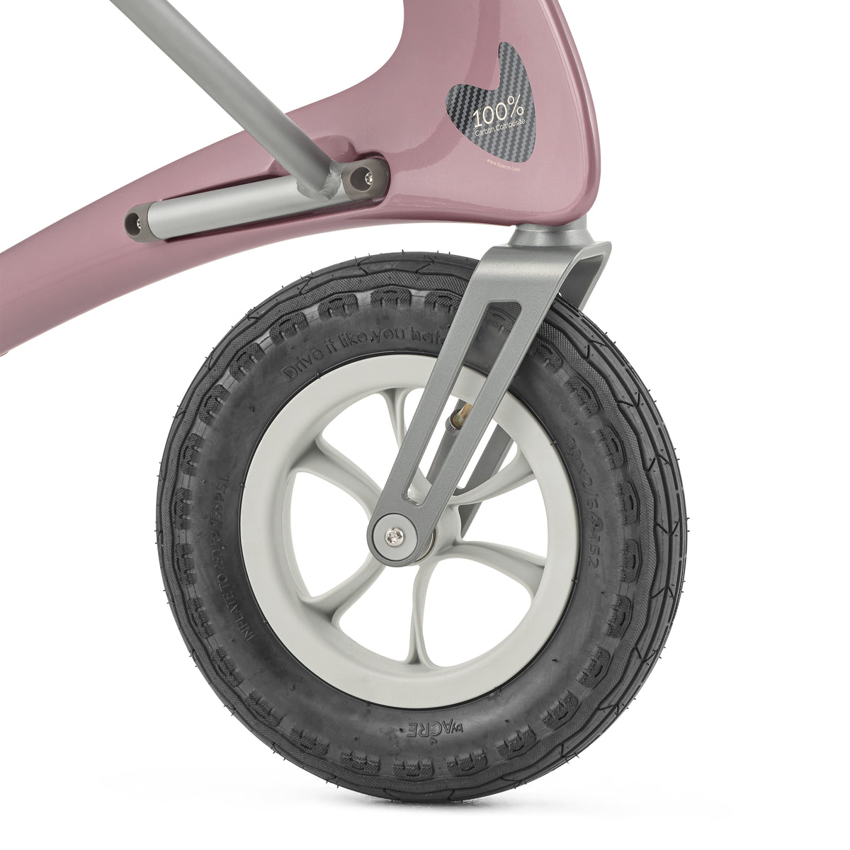 Close-up of a rollator wheel with a black rubber tire, silver multi-spoke rim, and a dusty pink frame with a silver front fork on a white background.